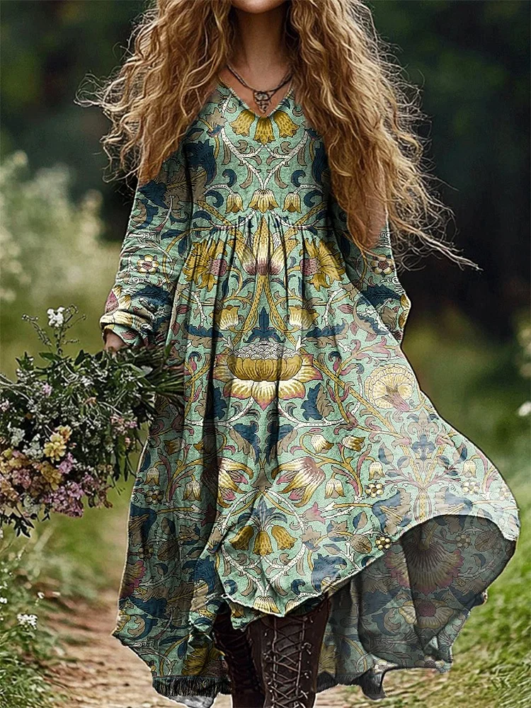 Women's Vintage Lotus Floral Art Print Pocket Cotton Dress