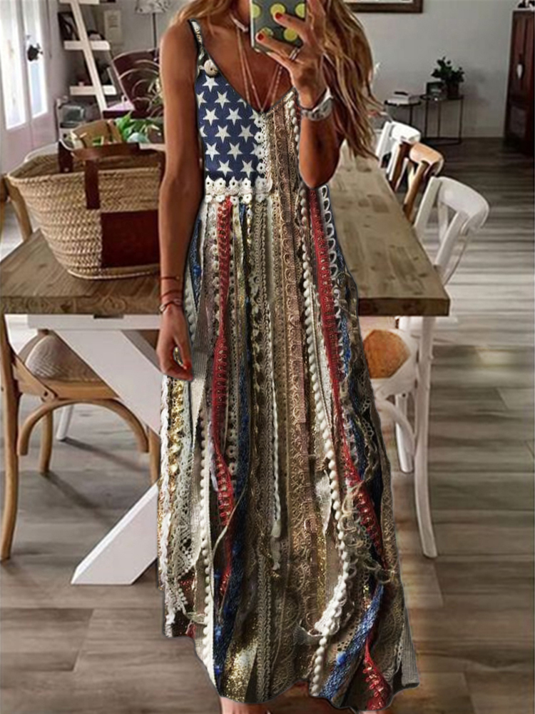 Comstylish Boho American Flag Lace Fringe Art Maxi Dress