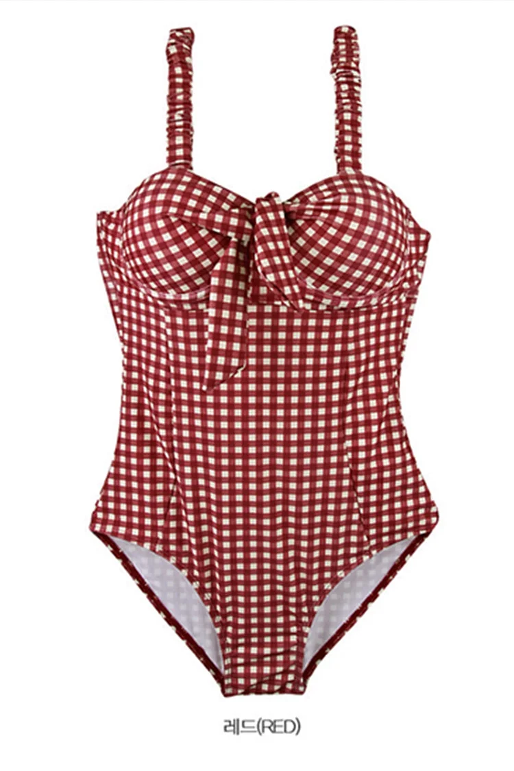 Iyasson Red Plaid Vintage Girl One Piece Swimsuit
