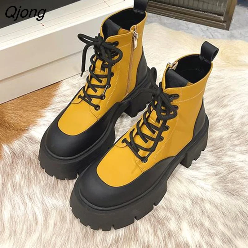 Qjong Women's Sneakers With Platform Shoes Thick Sole Colorful 2022 High PU Autumn PVC Basic Cotton Fabric Mixed Colors Zip Cross-tied