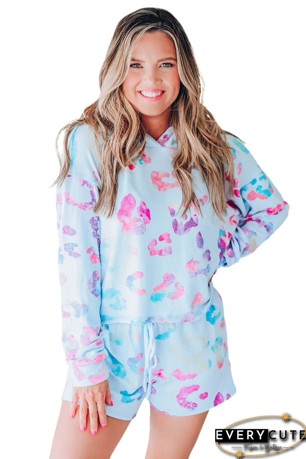 Sky Blue Leopard Print Hoodie and Shorts Set