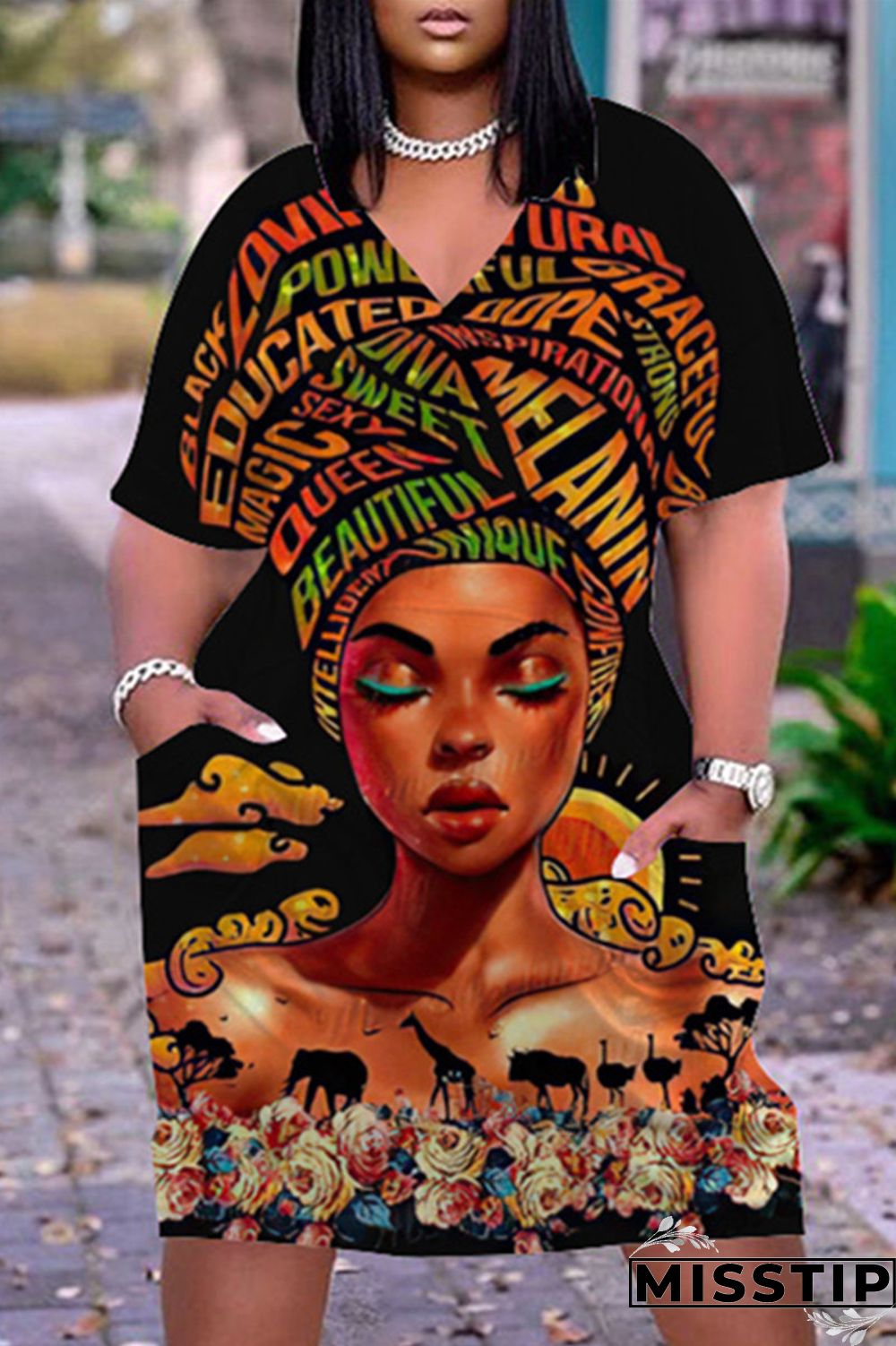 Black Orange Fashion Casual Print Basic V Neck Short Sleeve Dress