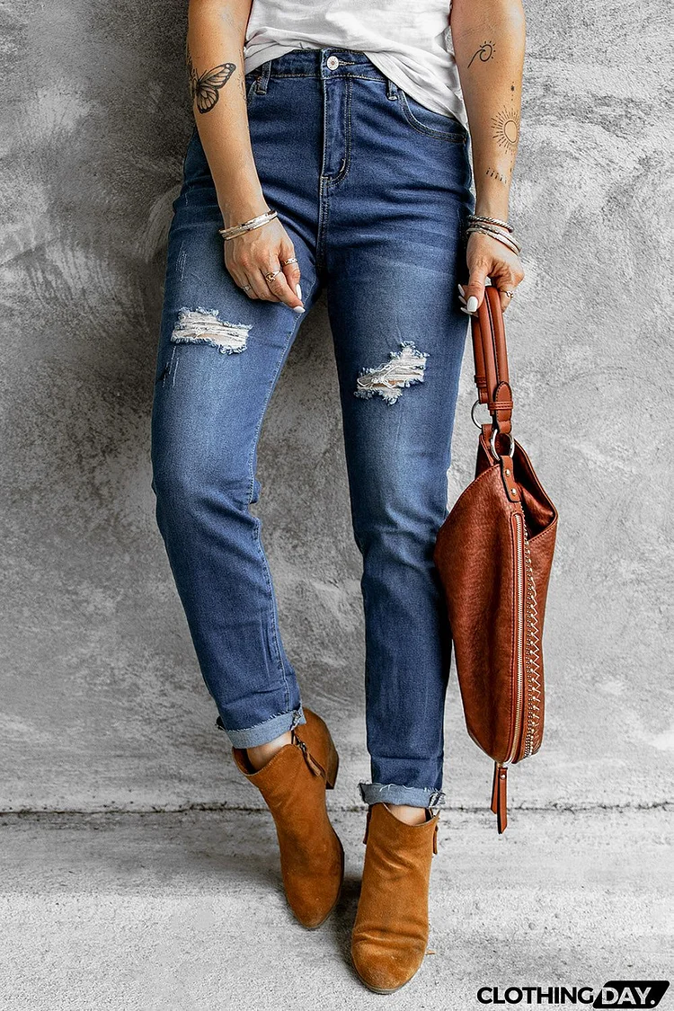 Women's Fashion Blue Distressed Skinny Fit Raw Hem Jeans