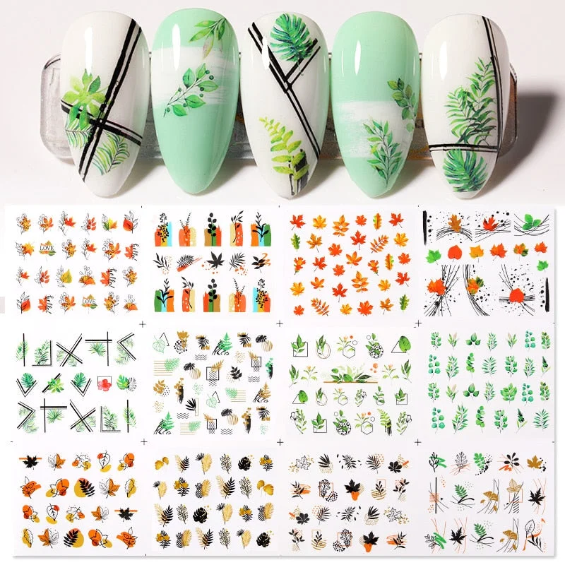 19Styles Simple Green Leaves Flowers Water Decals Spring Summer Theme Floral Maple Leaf Sliders Paper Line Watermarks Decoration