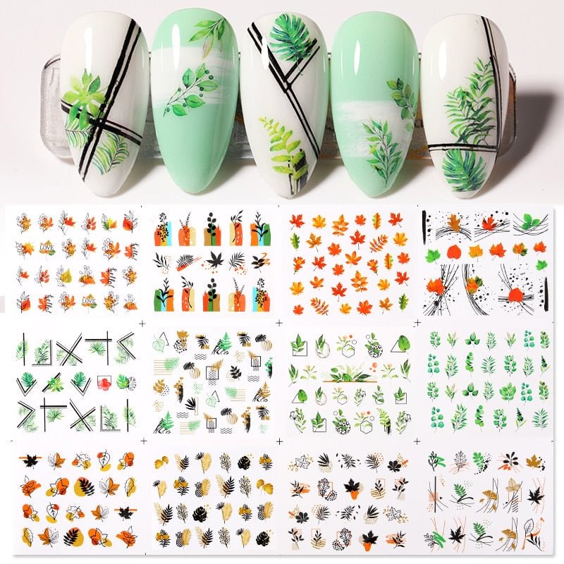12Designs Simple Green Leaves Flower Nail Water Decals Harunouta Geometric Lines Watermarks Stickers Decoration Manicures