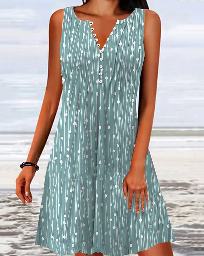 Women's Casual Polka Dot Stripe Button Print V Neck Mini Dress