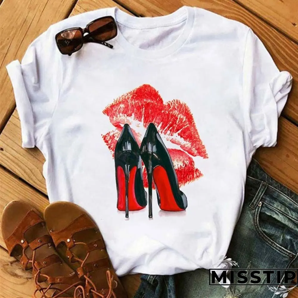 Red Fashion Casual Lips Printed Basic O Neck Tops