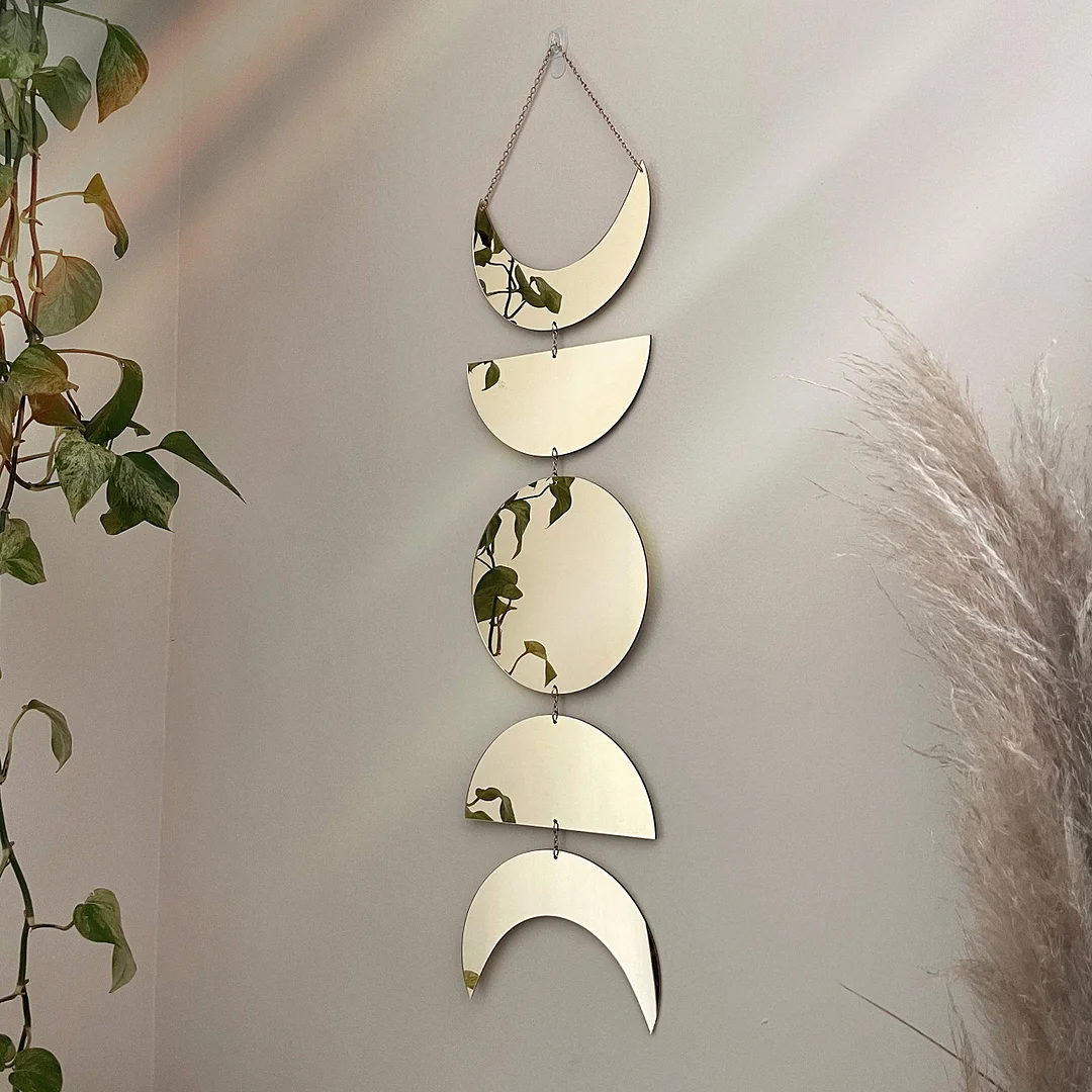 Gold Moon Phase Wall Mirror Boho Home Decor Moon Decor Acrylic Decorative Mirrors Wall Hanging Bedroom Living Room Decoration