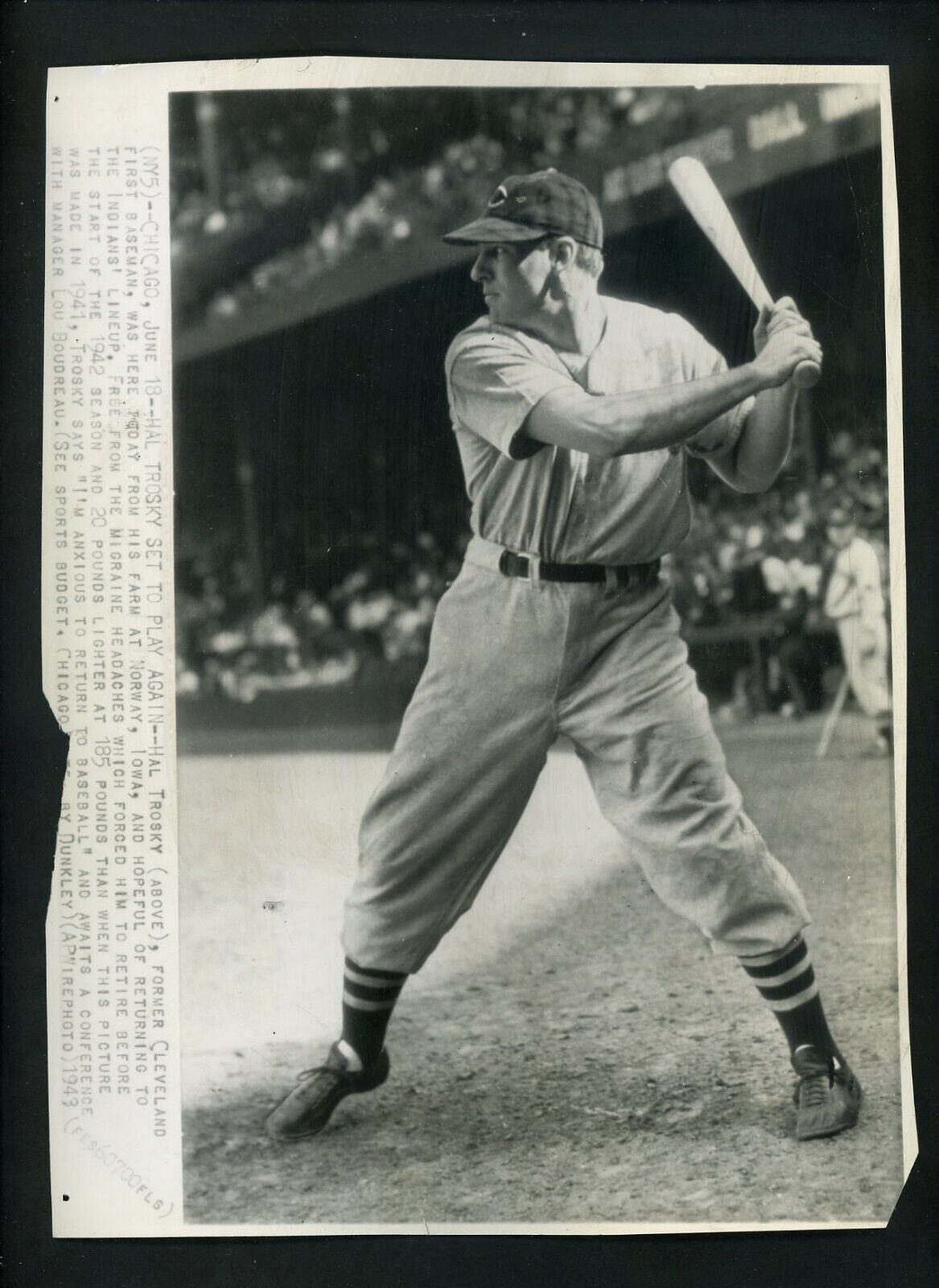 Hal Trosky to return to Cleveland Indians from migraines? 1943 Press Photo Poster painting