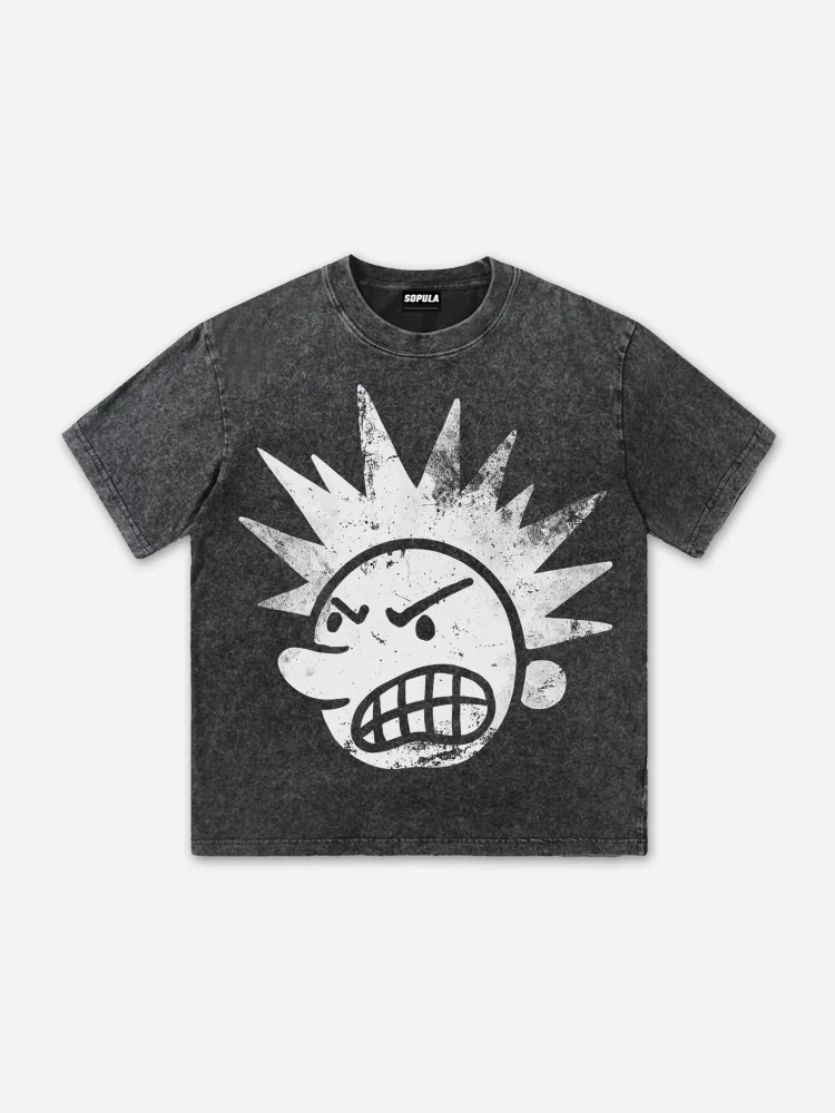 Street The Brain Explodes Print Short Sleeve Acid Washed T-Shirt