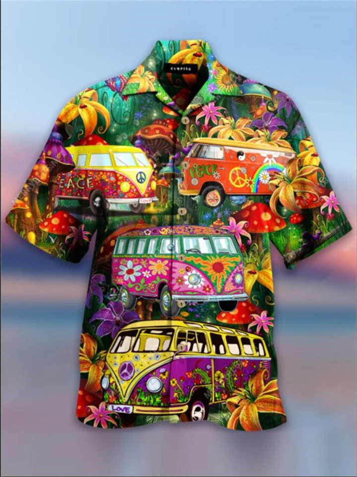 Men's Shirt Summer Hawaiian Shirt Graphic Prints Hippie Bus Turndown Light Yellow Blue-Green Black Light Green Purple Casual Hawaiian Short Sleeve Button-Down Print Clothing Apparel Tropical Fashion-Cosfine