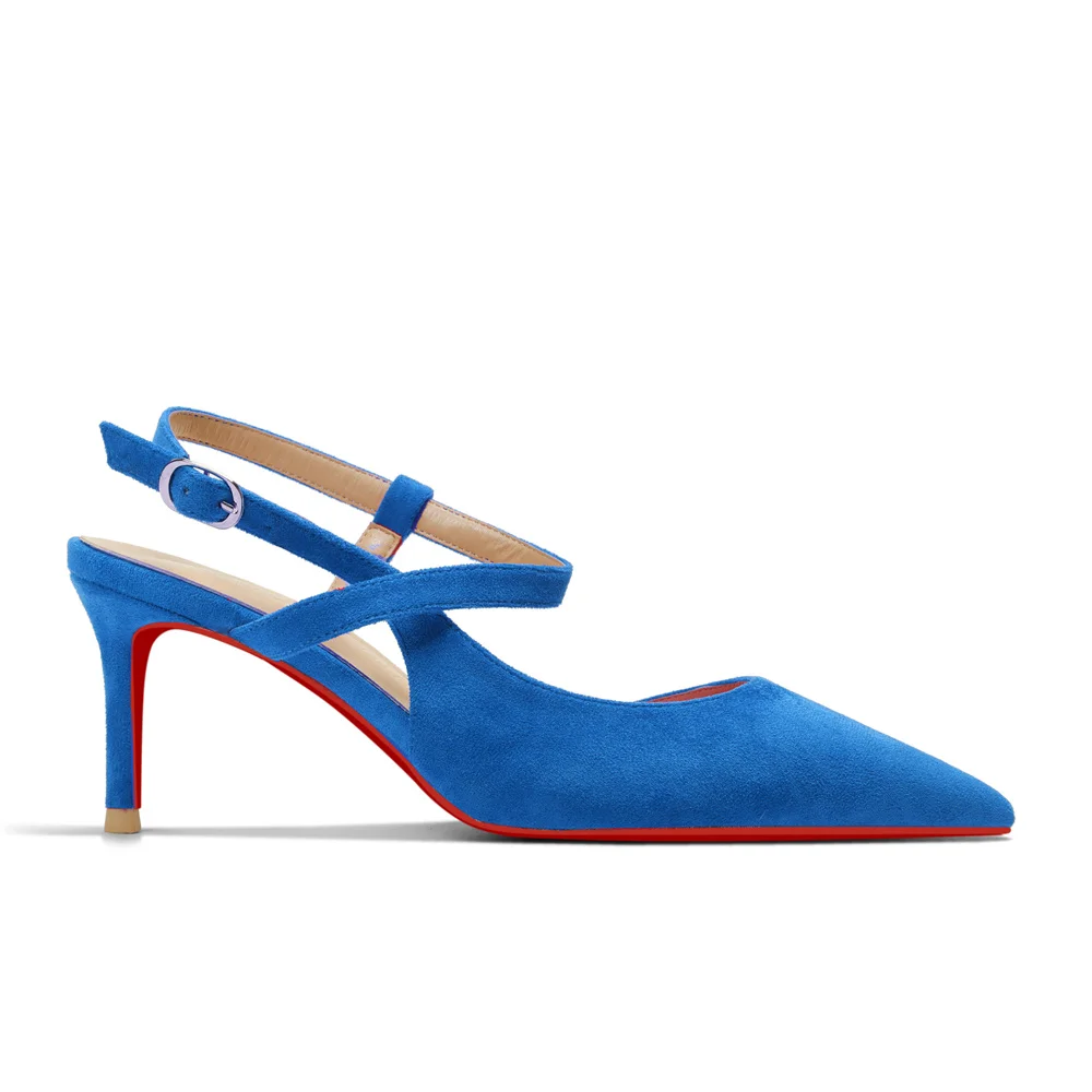 65mm Women Slingback Pumps Ankle Strap Red Bottom Stiletto Mid Heel Close Pointed Toe Daily Summer Suede Sandals-MERUMOTE