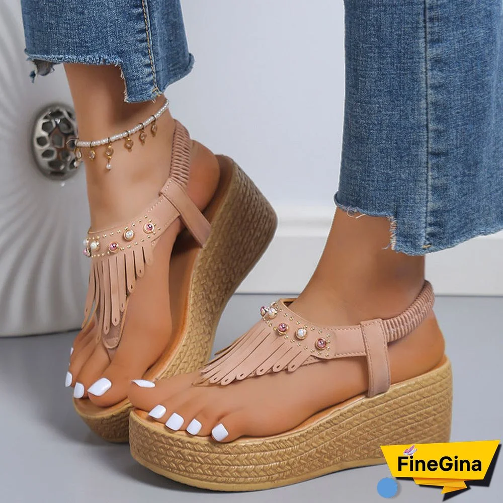 Women's Summer Tassel Wedge Flip Flops Thick Sole Beach Sandals