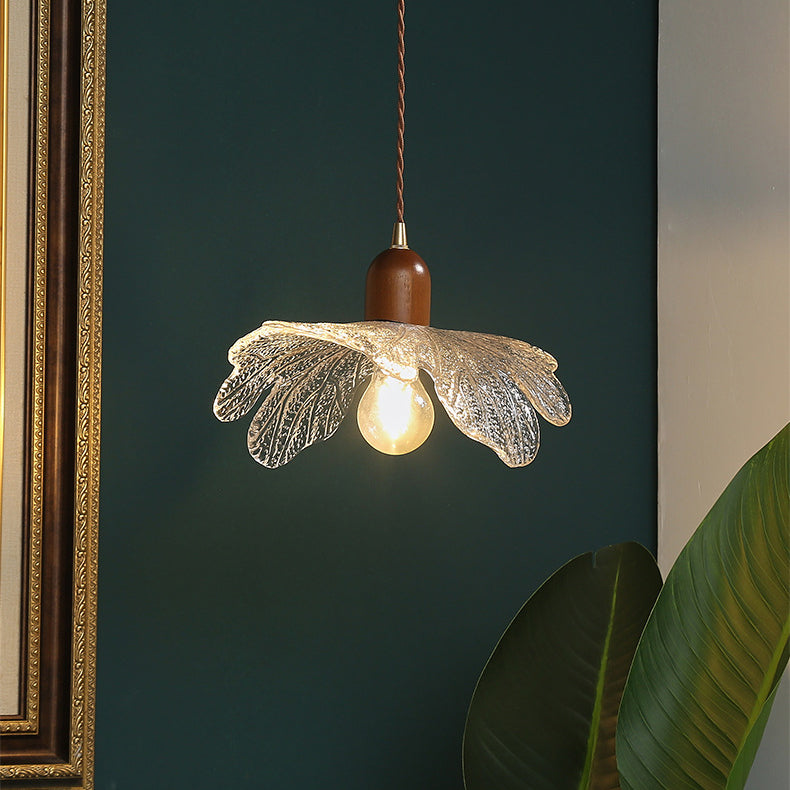 Traditional Vintage Cylinder Petal Glass Brass Walnut 1-Light Pendant Light For Bedroom