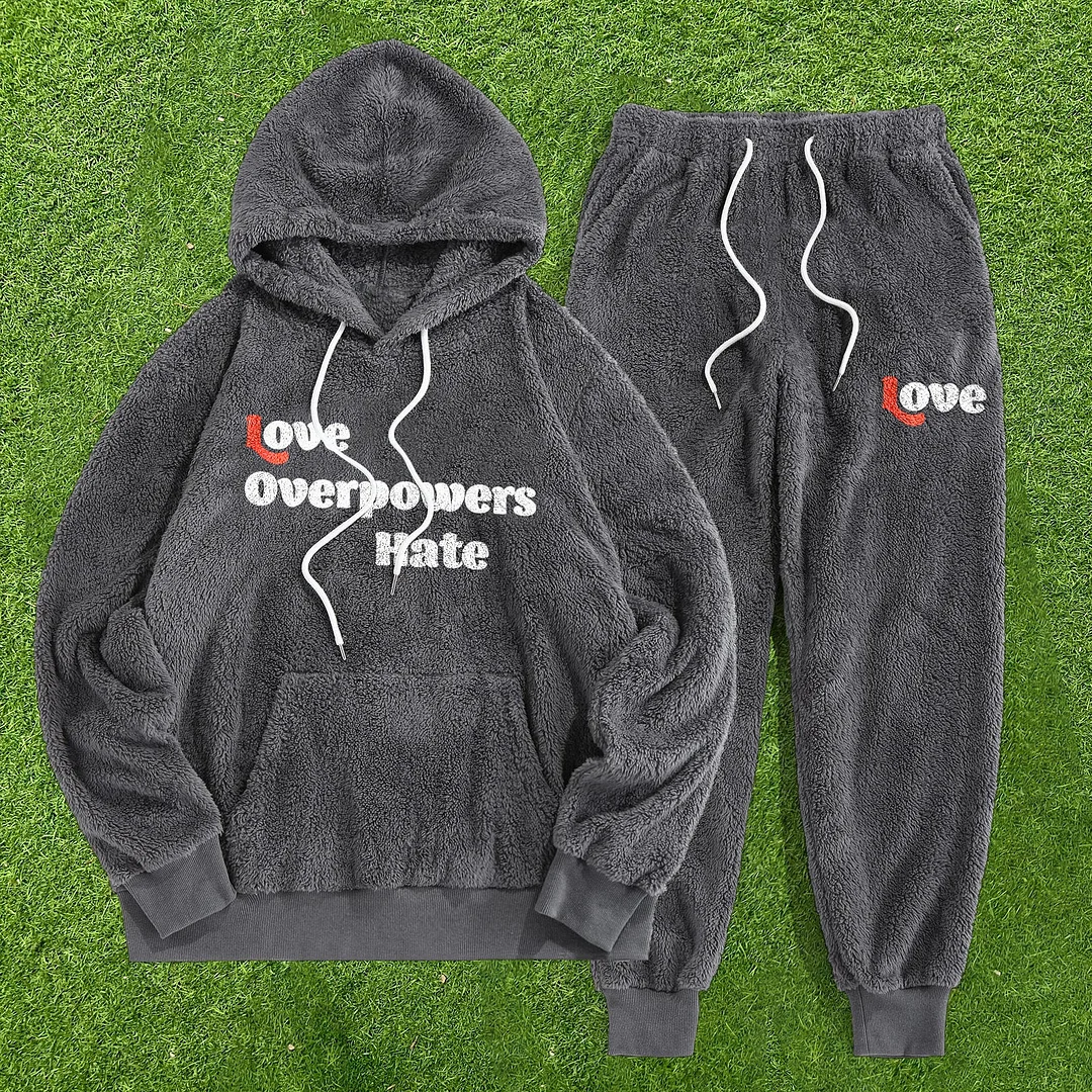 Casual Print Plush Full Hoodie Sweatpants Set