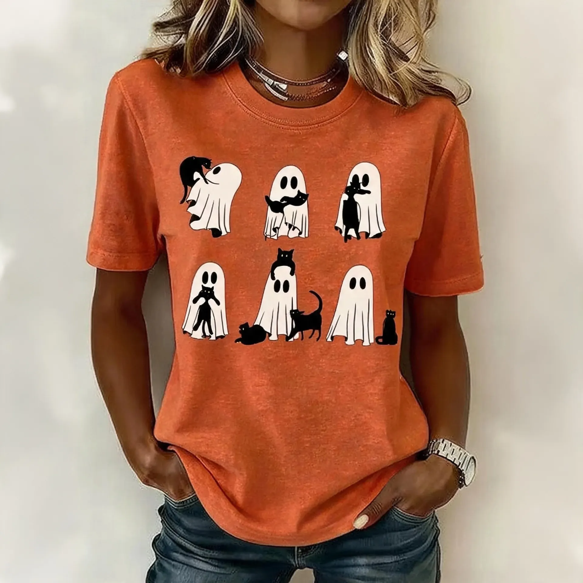 Comstylish Women's Retro Halloween Ghost And Cat Pattern Crew Neck T-shirt