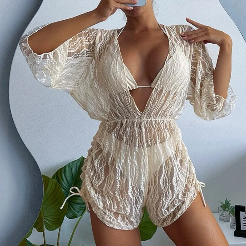 Wongn Wongn Long Sleeve Mesh Harness Waist One-Piece Swimsuit High Waist Print Drawn Rope Three-Piece Bikini
