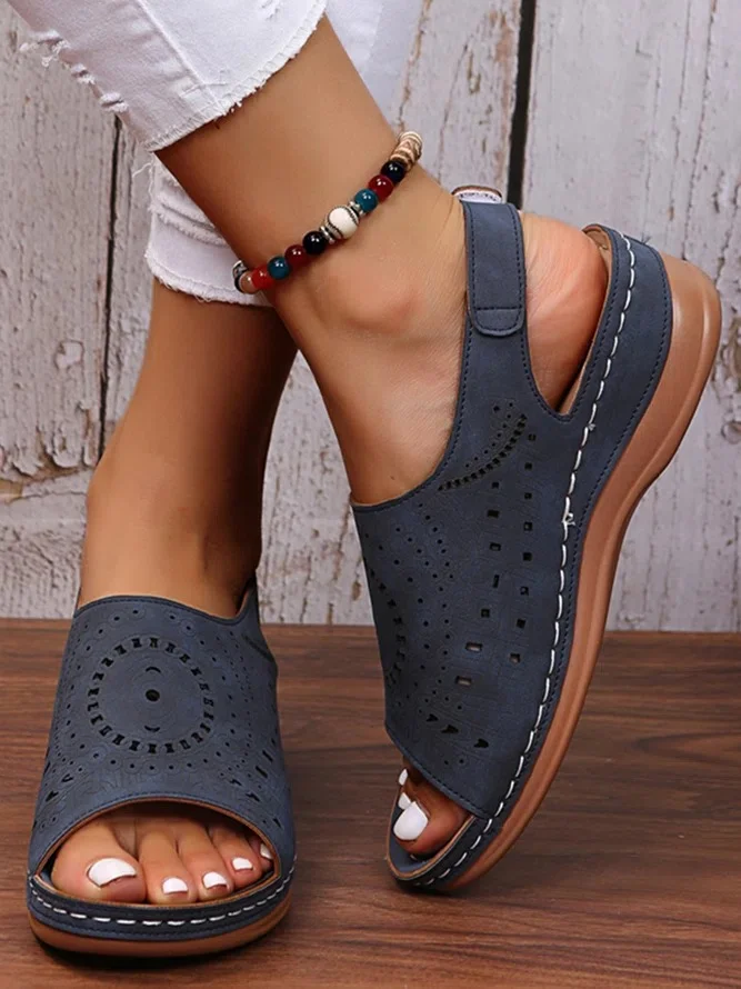  Ethnic Pattern Punched Hollow Velcro Vintage Sandals