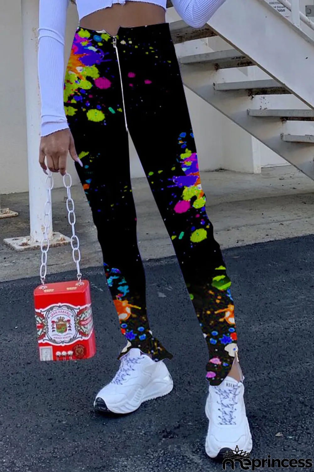 Red Polyester Zipper Fly High Print pencil Pants Bottoms