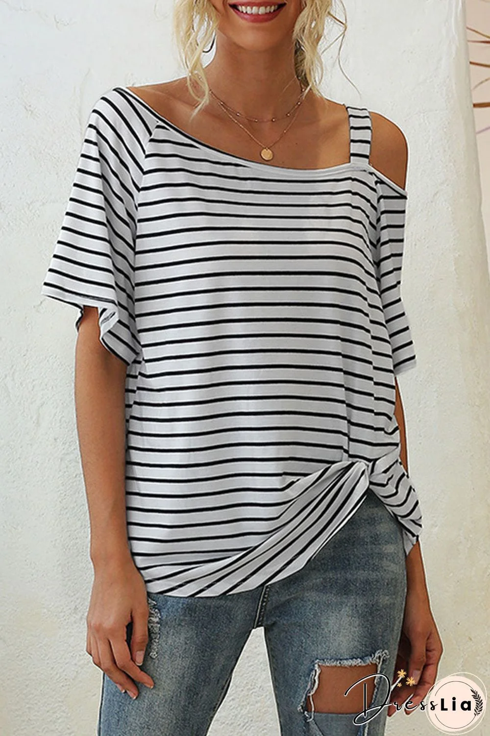 Fashion Street Striped Oblique Collar T-Shirts