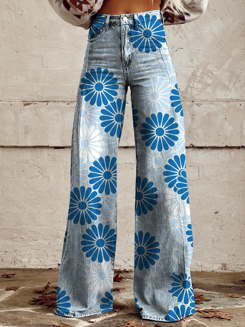 Women's Blue and White Flowers Print Casual Wide Leg Pants