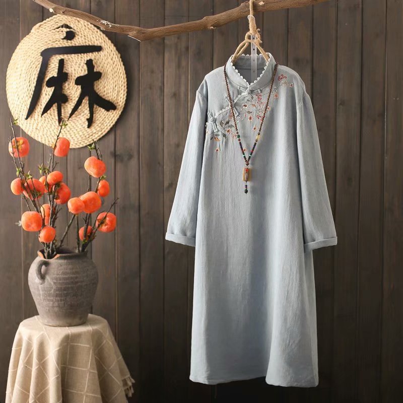 Cotton Linen Jacquard Stand Collar Chinese Knot Button Embroidery Mid-length Improved Cheongsam Fairy Dress Zen Tea Gown For Women