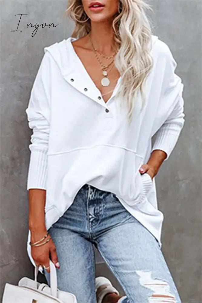Ingvn - Casual Solid Pocket Buckle Hooded Collar Tops(14 Colors) White / S Tops/Sweats & Hoodies