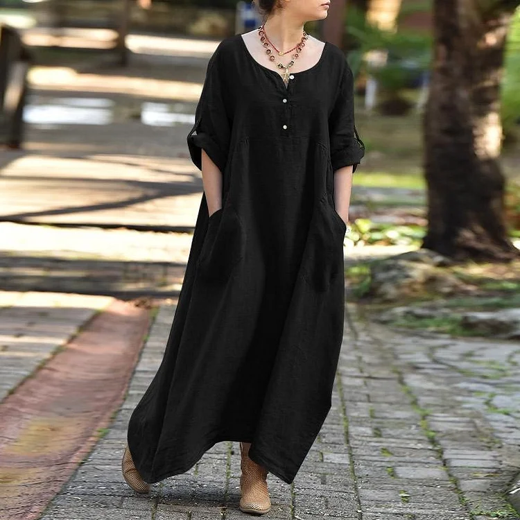 Comstylish Solid Color Casual Button Down Pocket Maxi Dress