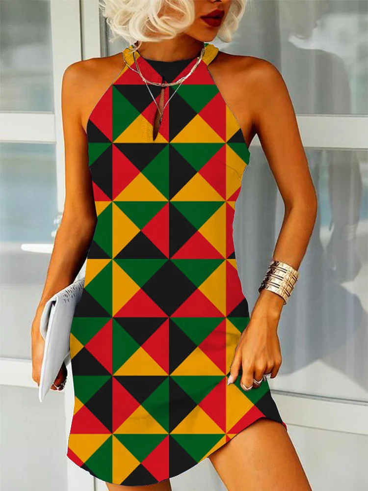 African Geometry Print Halter Neck Mini Dress