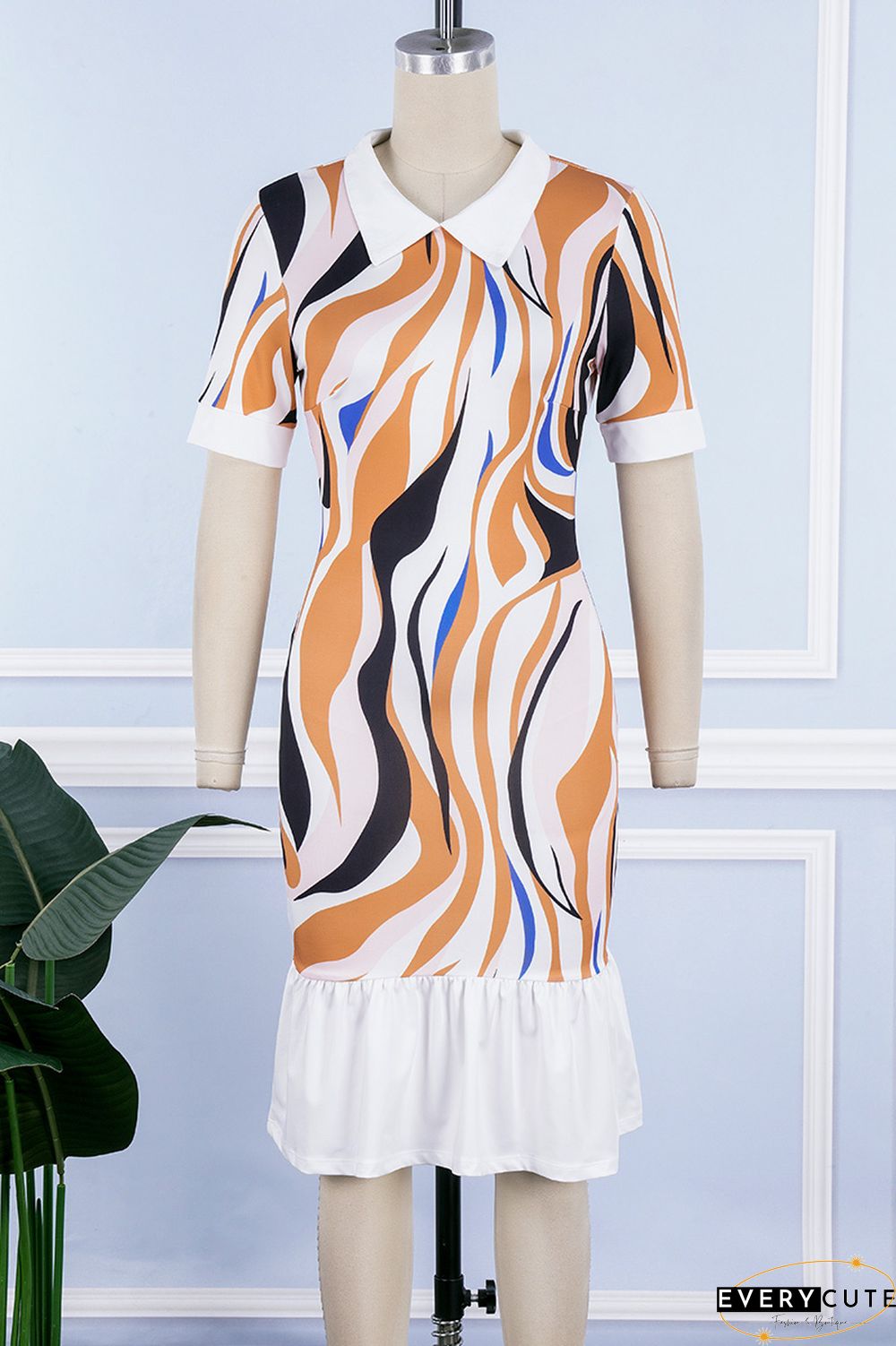 Multicolor Casual Print Patchwork Turndown Collar Short Sleeve Dress