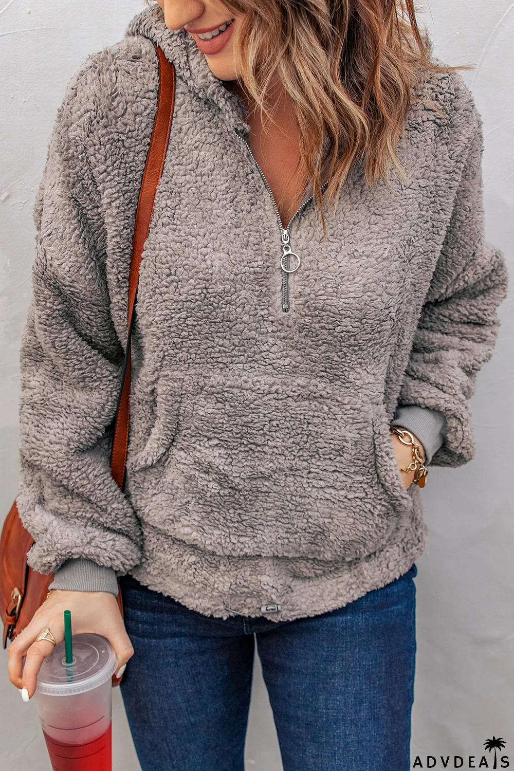 Gray 1/4 Zip Hooded Sherpa Sweatshirt with Kangaroo