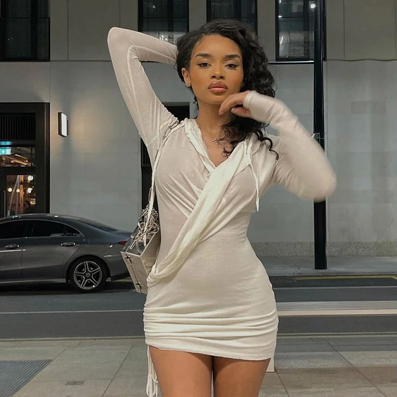 BIIKPIIK Solid Hoodied Bodycon Dress Female Long Sleeve Stacked Casual Mini Dresses Elegant Backless Vintage Streetwear Clothing