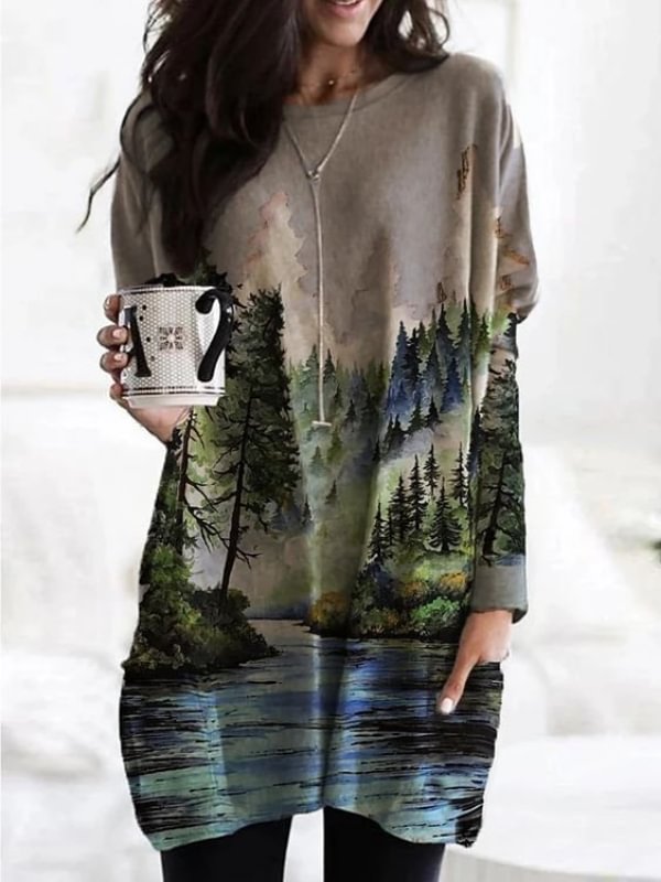Forest Landscape Printed Long-Sleeve Casual Dress