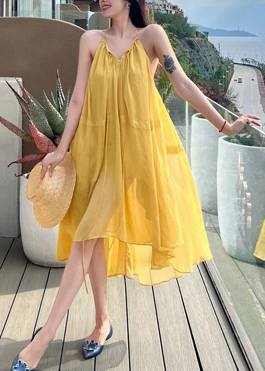 5.17Loose Yellow Slash Neck Solid Chiffon Long Sliop Dresses Summer