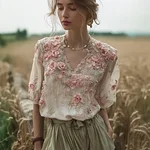 Bohemian Retro Style Plant Flower Design Women's Linen Short-sleeve Top - Image 2
