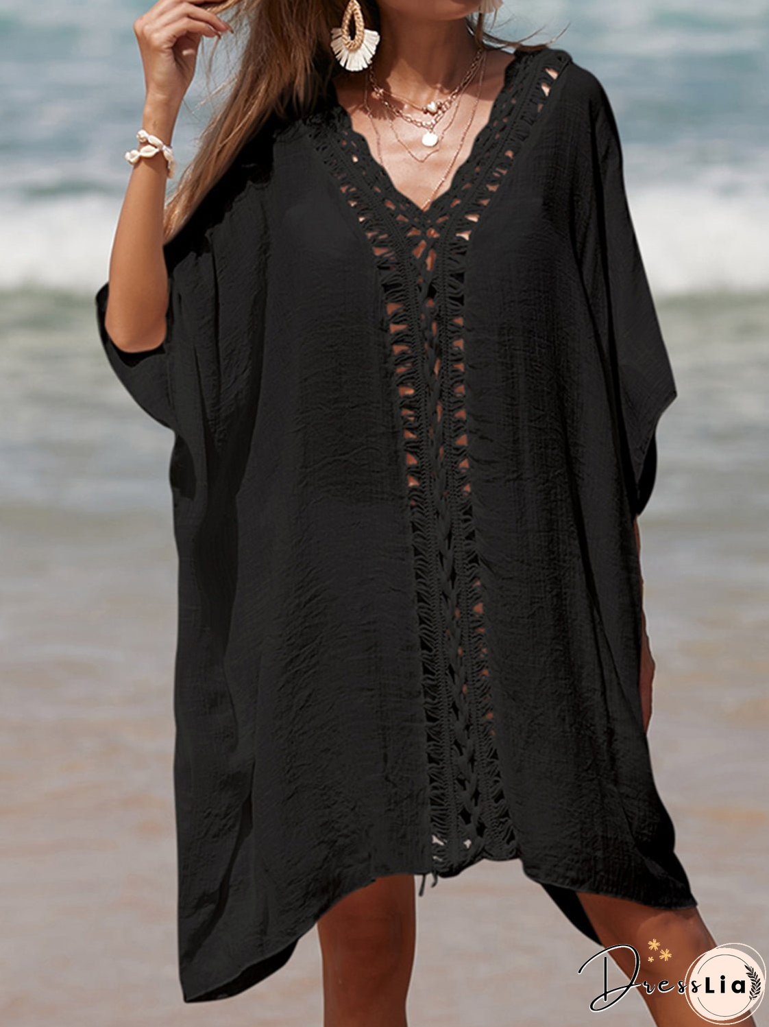 Cutout V-Neck Three-Quarter Sleeve Cover Up