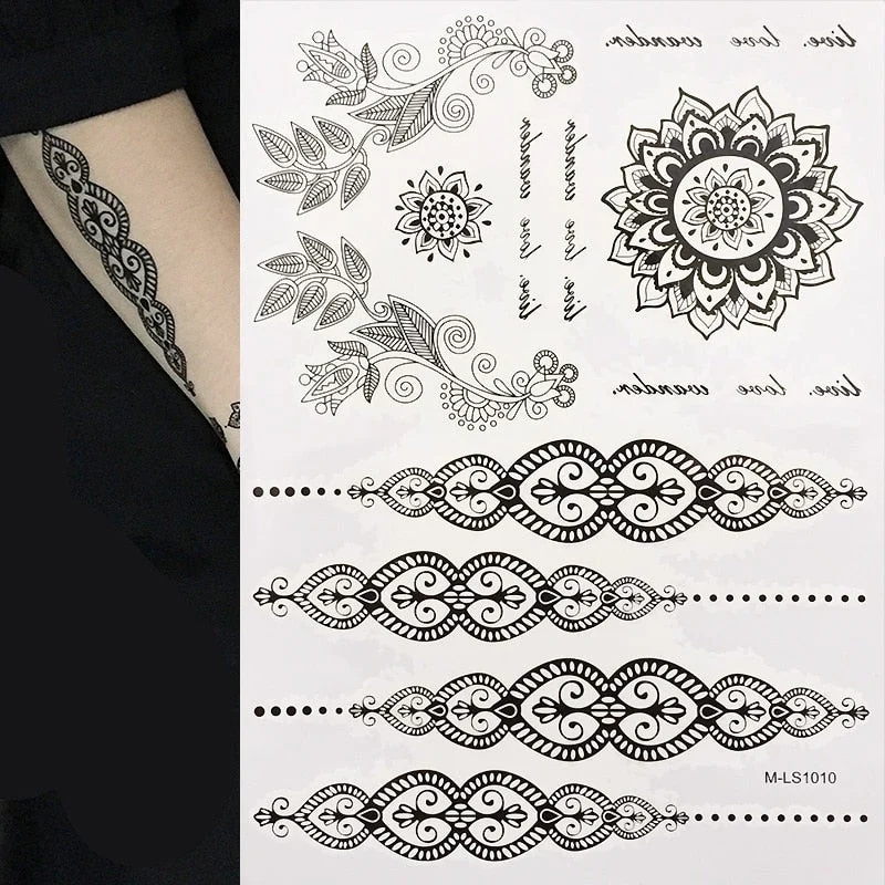 Pretty Temporary Black Henna Tattoos Waterproof Women Body Tattoo Stickers