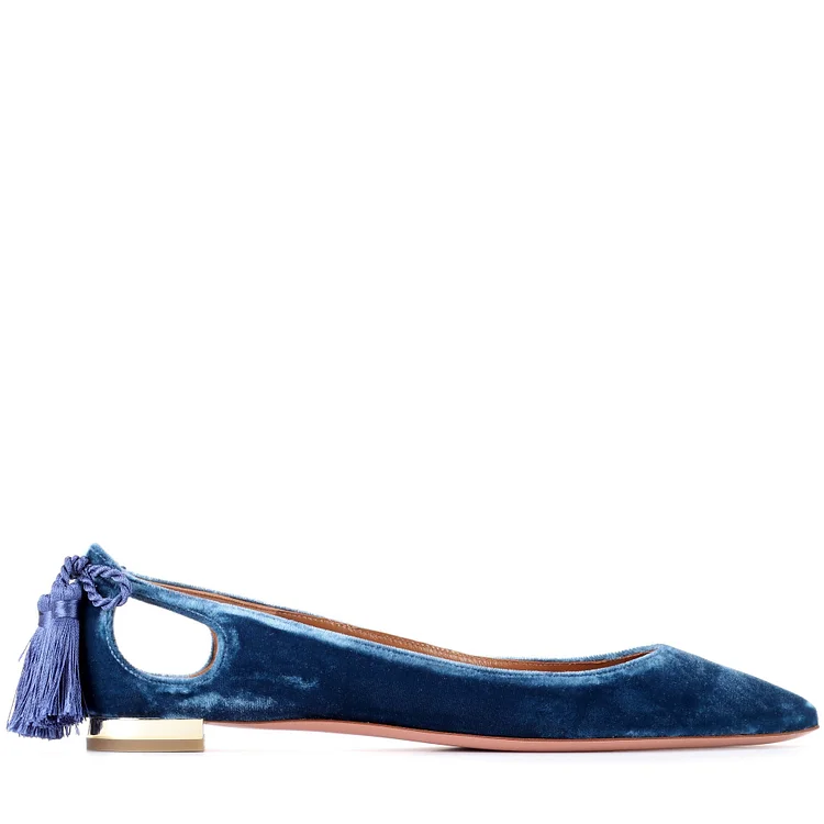 Navy Velvet Pointy Toe Tassel Heel Flats - Hollow Out Design Vdcoo