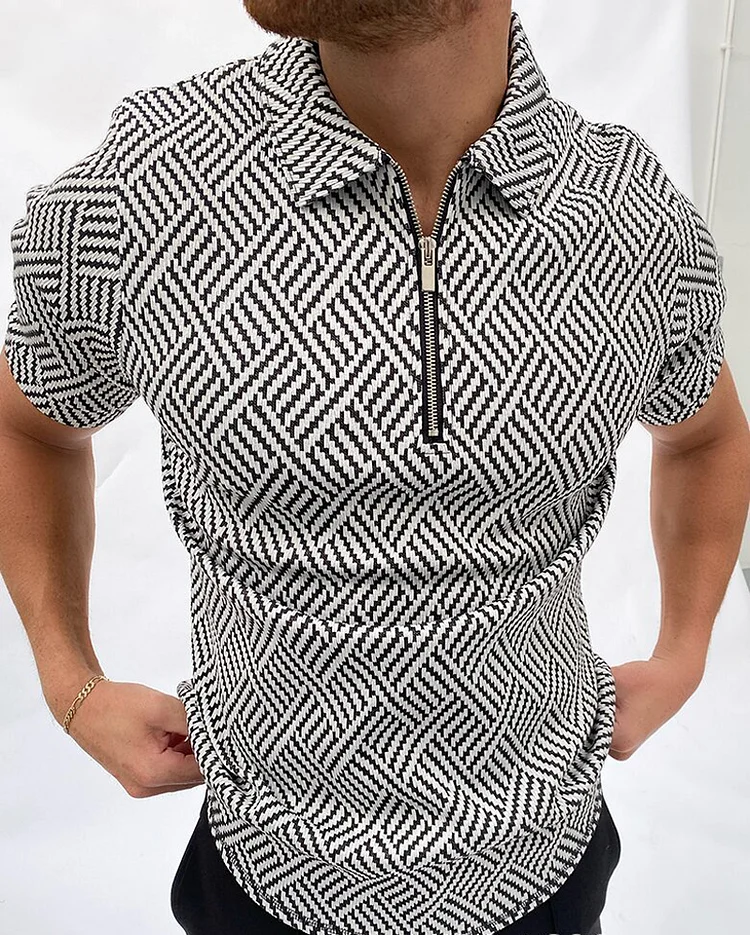 Black Line Print Men's Polo Shirts Summer Casual Zipper Short Sleeve Tops at Hiphopee