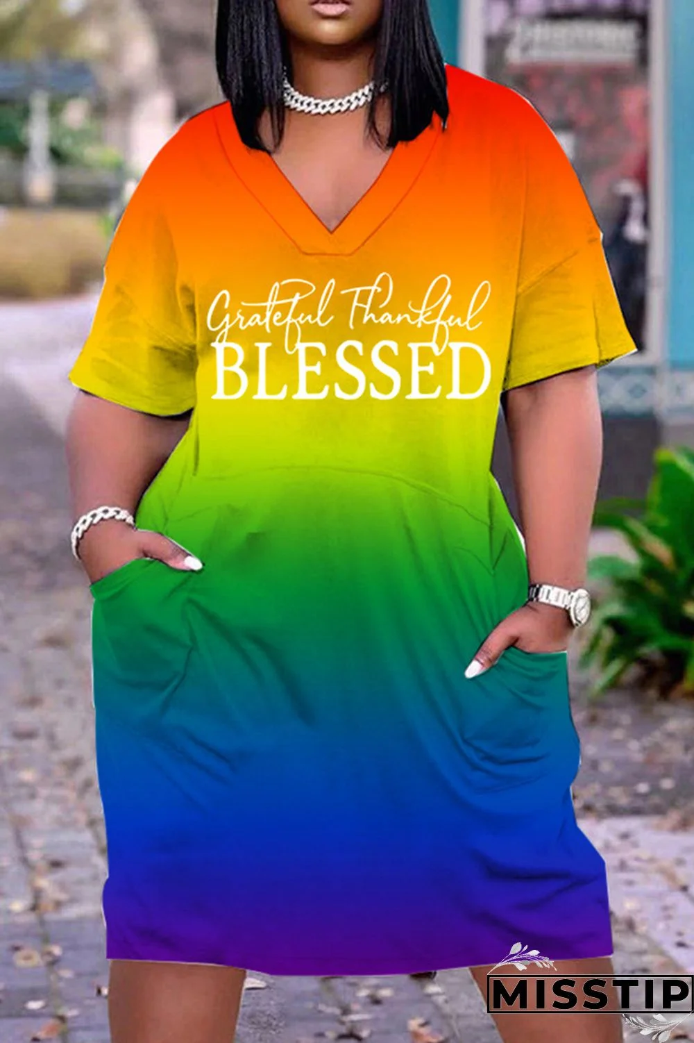 Blue Pink Casual Print Basic V Neck Short Sleeve Dress