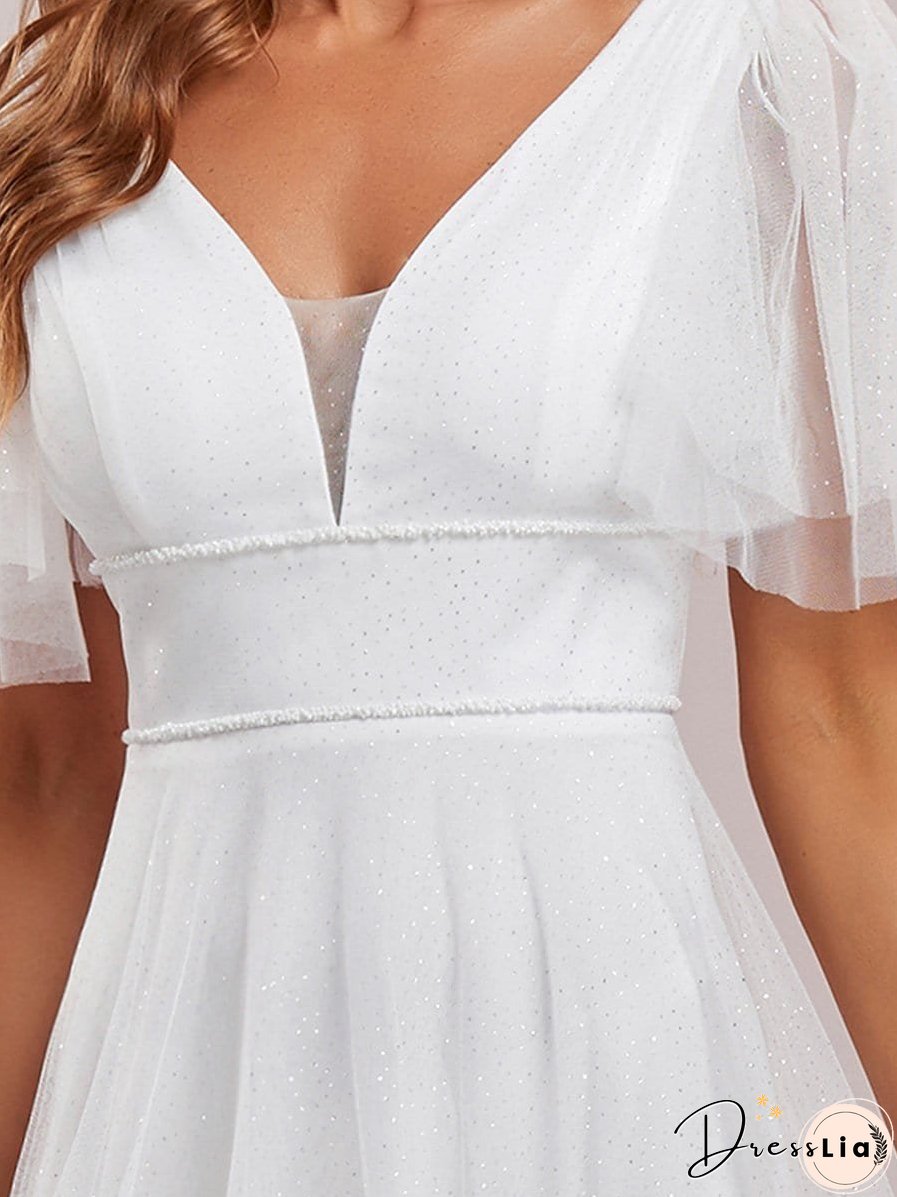 Elegant Golden Stamped Ruffle Sleeve Evening Gown