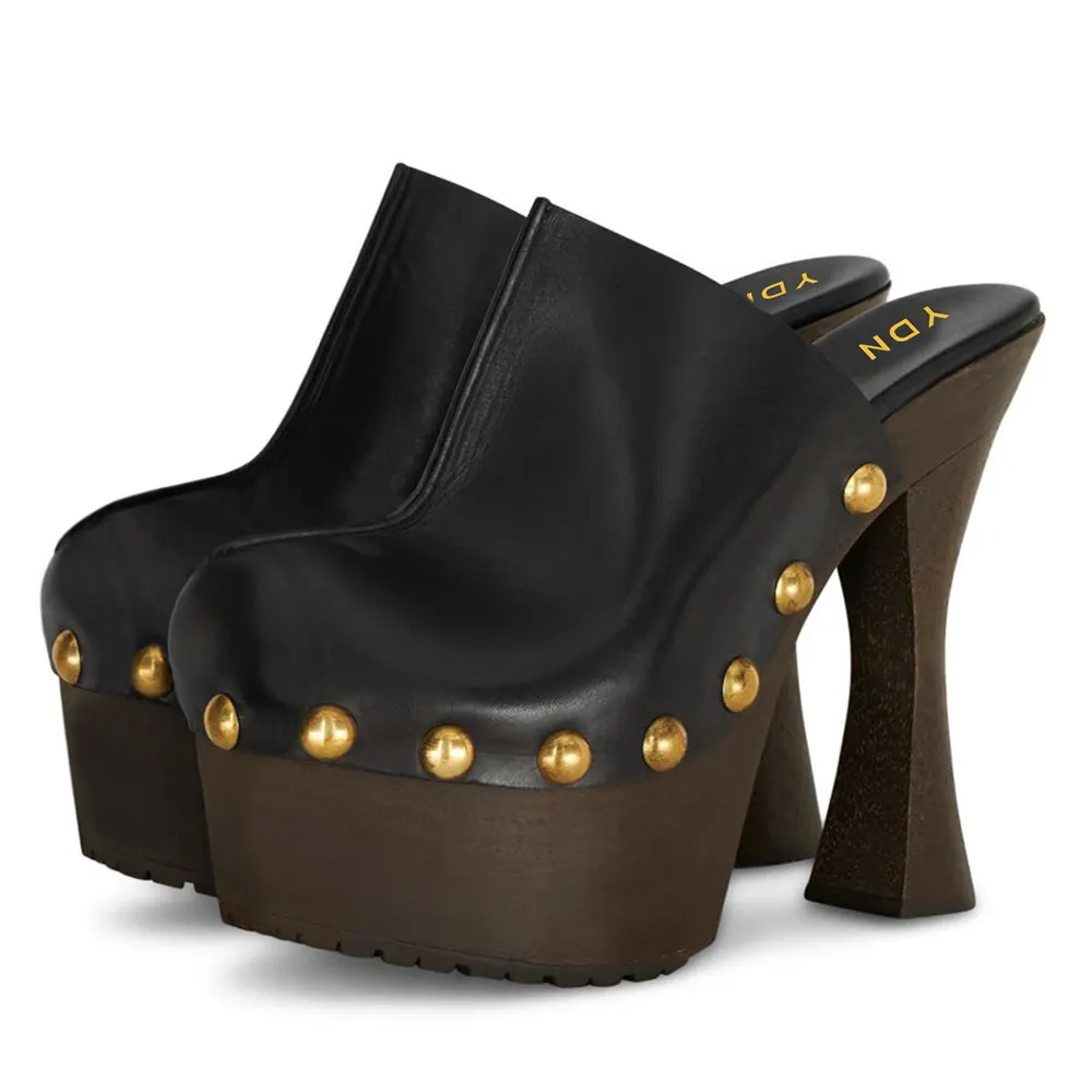 Women's Classic Black Round Toe Studded Platform Mule Heels