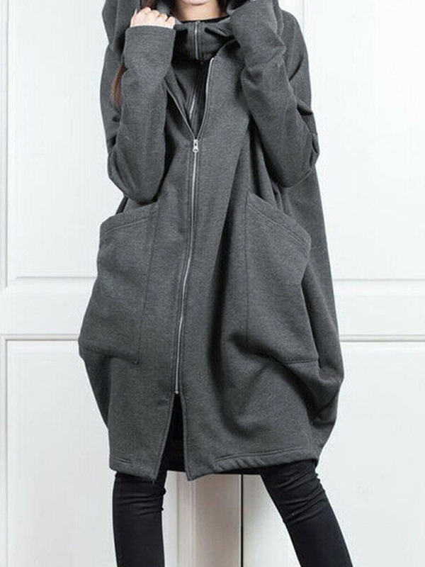 Solid Color Hooded Zipper Loose Outwears