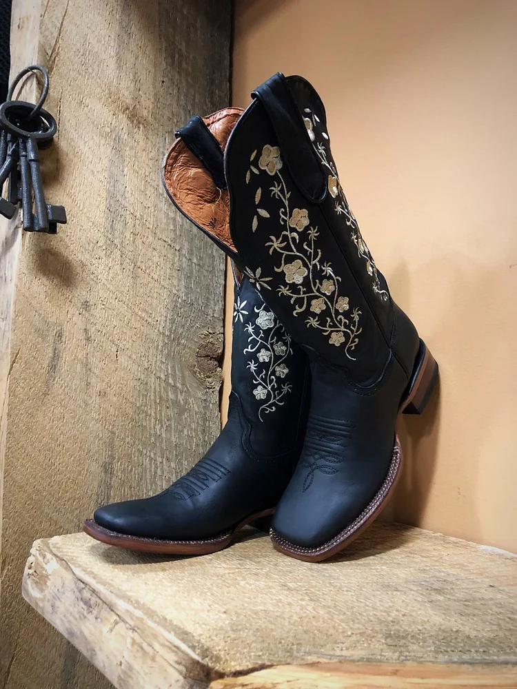 womens floral embroidery cowgirl square toe boots black
