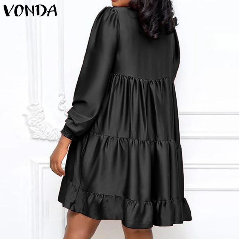 Women Satin Shirt Dress Elegant Knee-Length Dress 2022 VONDA Female Casual Solid Color Lace Long Sleeve Vestido  Robe