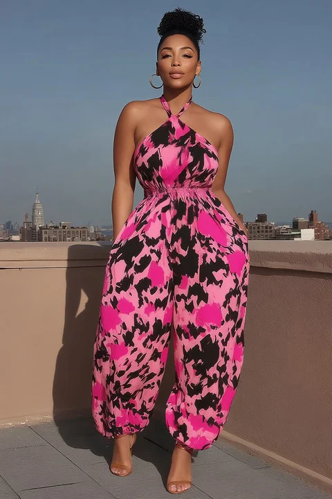 Allover Print Halter Cinched Vacay Tapered Leg Jumpsuit-Orange [Pre Order]