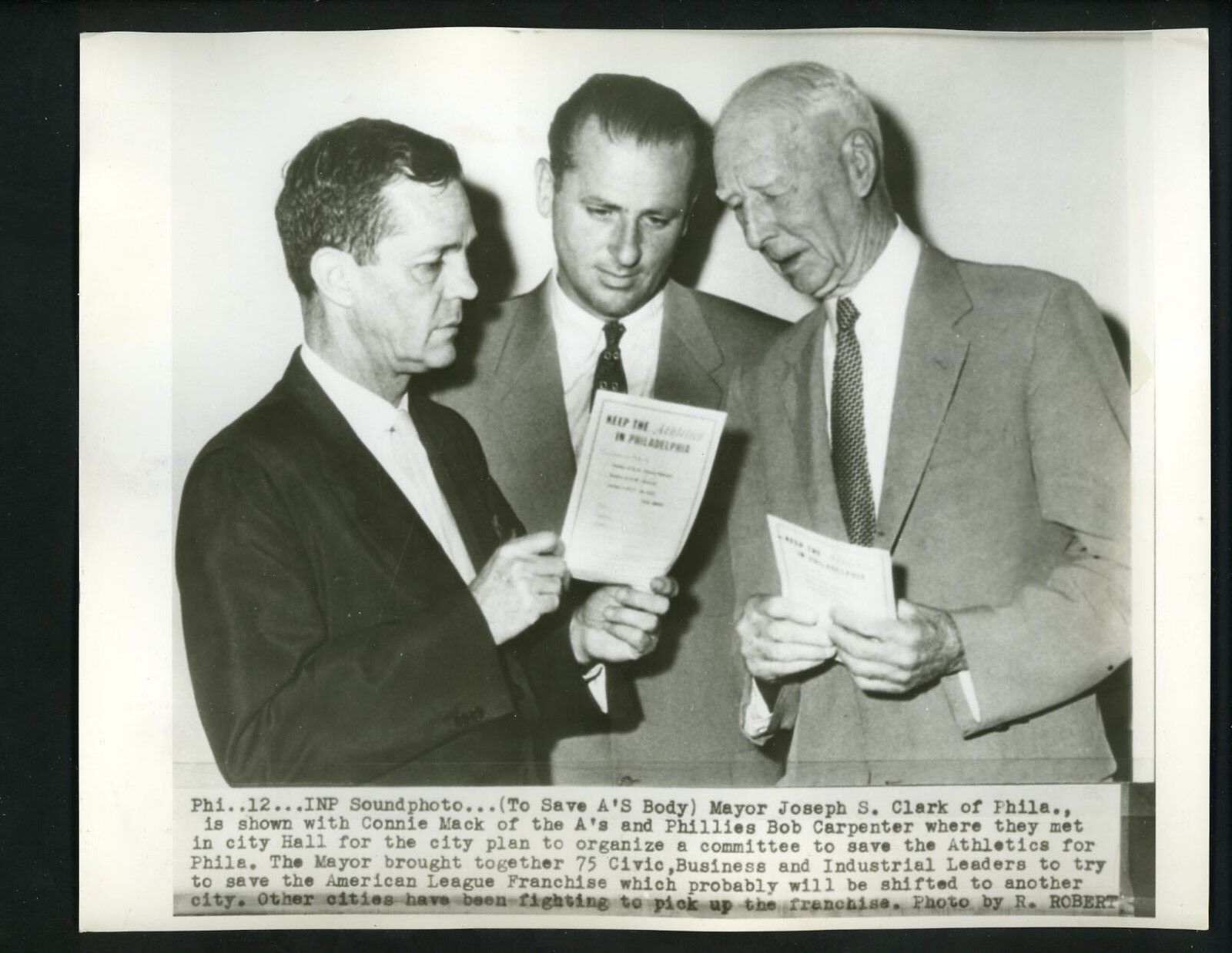 Connie Mack Mayor Joseph Clark Bob Carpenter 1954 Press Photo Poster painting Philadelphia A's