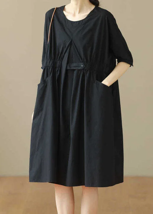 Black Patchwork Cotton Mid Dresses O Neck Wrinkled Summer