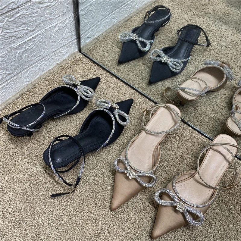2021 New Buckle Stiletto Heel High Heels Pointed Toe Rhinestone Bow Bandage Sandals