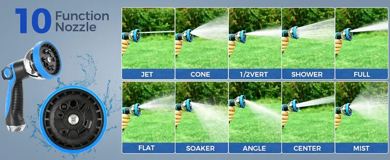 Product Introduction of Retractable Hose Reel. Garden Water Hose with 10-Function Sprayer Nozzle. Length Lock. Auto Rewind. 180° Rotate. (5/8" x 82 FT)/(1/2" x 125 FT). Yard Cleaning. Plant Watering. Car Washing and Lawncare 1
